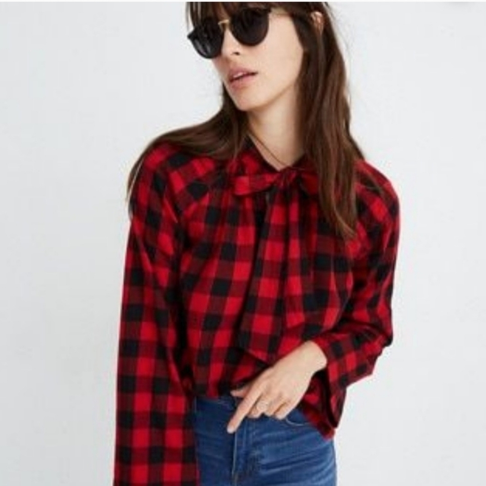 Madewell | Tie Neck Pullover Buffalo Check Blouse XL